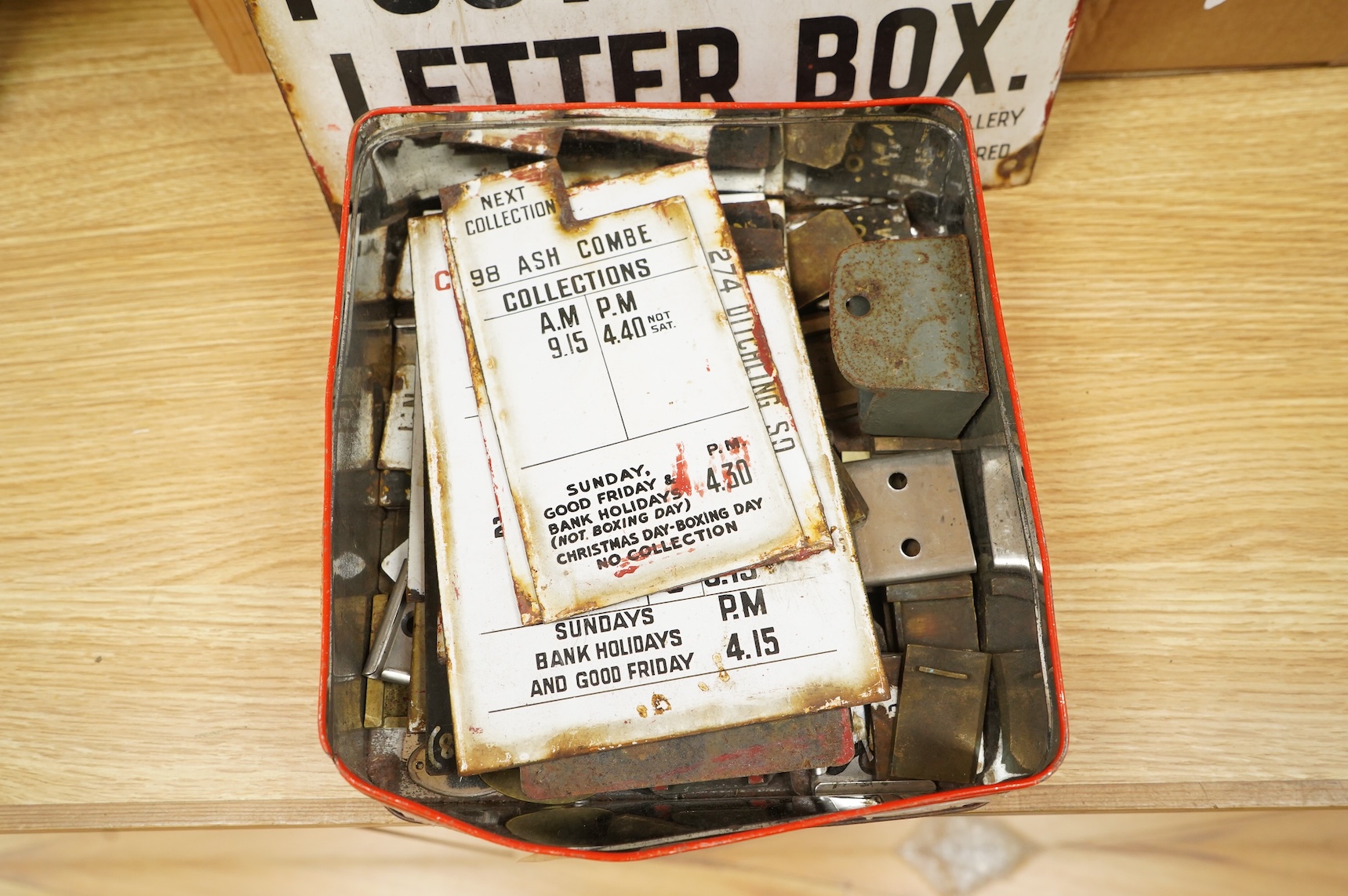 An enamelled GR Post Office Letter Box plaque, together with a group of enamel plates with details regarding the collection of post, the location of the pillar box, blanking plates, etc., with some referring to Lewes loc